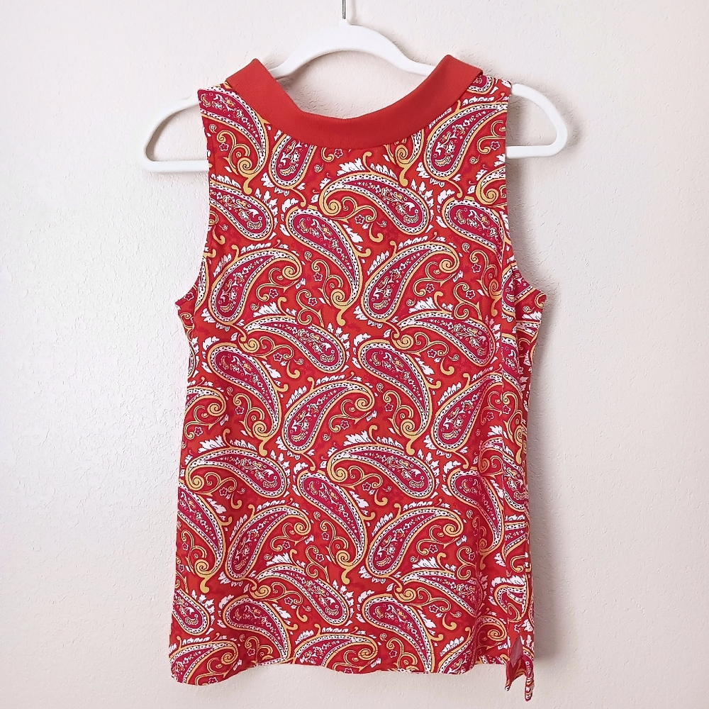 Talbots Paisley Boho Sleeveless High Collar Halter Top Medium Orange